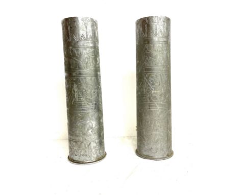 Pair pre war trench art shells, approximate height 12 inches and diameter 3.5 inches 