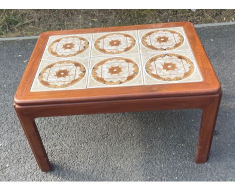 Retro tile top teak coffee table with magazine rack, Approximate measurements: Height 16 inches, 28 inches Length, Width 20 i
