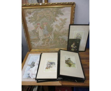 Mixed pictures to include Dutch watercolours, a tapestry and others 