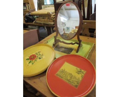 Three vintage trays and an early 20th century mahogany dressing table mirror 