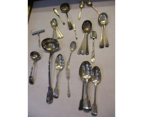 Mixed silver plated cutlery and flatware, together with a corkscrew and ladle 