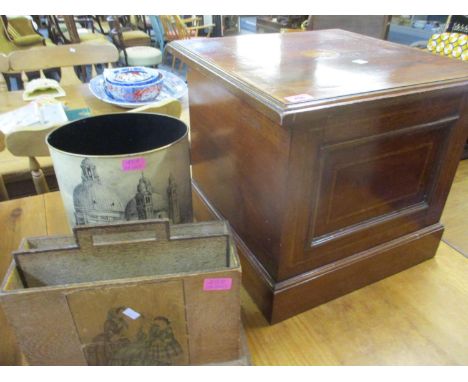 An Edwardian mahogany commode, together with an Art Deco style magazine rack and a bin 