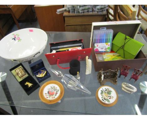 A mixed lot to include an early 20th century Adderleys pottery wash bowl, ornamental table clocks, Ronson lighter, cut glass 