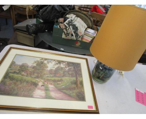 Bernice Bennett - an oil painting to the interior of a glass table lamp of a woodland scene, lamp with fittings and shade, al