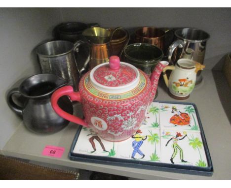 Mixed ceramics and metal tankards, a modern oriental teapot and a box of six Brazilian painted tiles 
