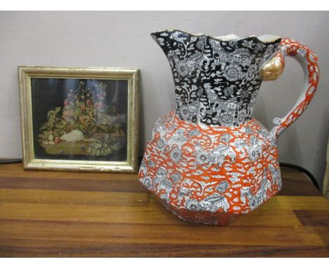 A 19th century tapestry panel with a mouse, strawberries and flowers and a Masons Ironstone octagonal wash jug 