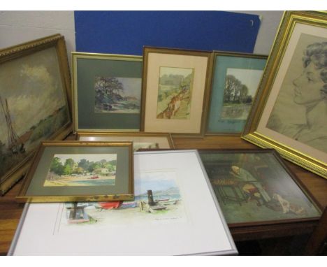 A group of watercolours to include one singed Sarley Orion, a Cecil Aldin print and a crayon portrait, signed Roy '56 