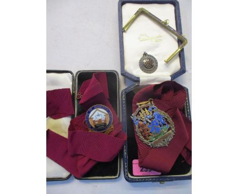 Two silver enamelled quantity surveyors medals in presentation cases, total weight 98g, together with a darts pendant and a v