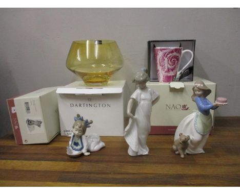 Ceramics and glassware to include a Dartington vase, three Nao figures and a mug 