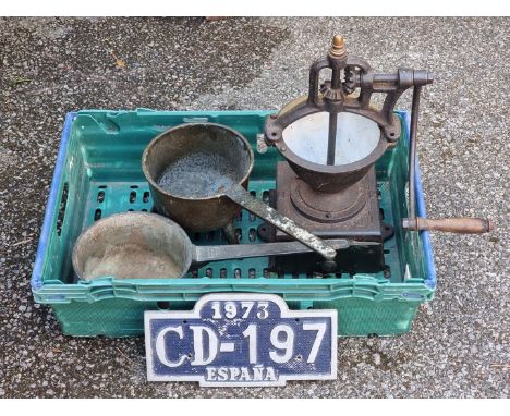 Two 17th century bronze skillets,&nbsp;(a.f.); together with a cast iron coffee grinder; and two other items. (5)