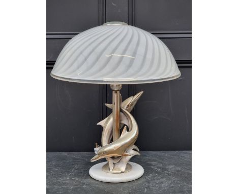 An electroplated dolphin table lamp, with opaque glass shade and marble base, 54.5cm high.