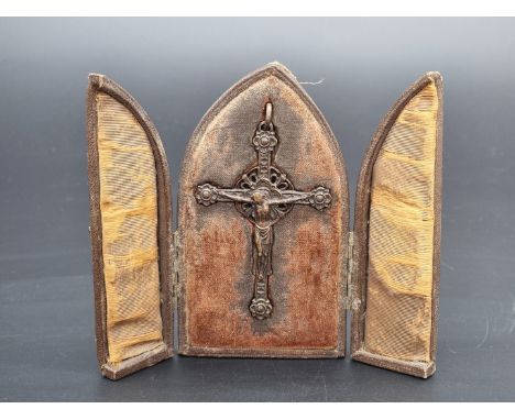 A small brass Corpus Christi, total length 12cm, in fitted easel back travel case.