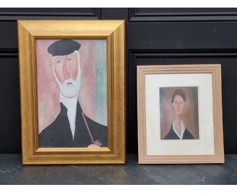 After Amedeo Modigliani, 'Man with a Pipe', oil on card, 38 x 24cm; together with another similar smaller portrait. (2)