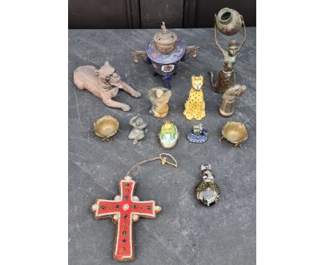 A mixed lot, to include a Chinese enamel tripod censer and cover, 14cm high; and two Limoges porcelain items. (13)