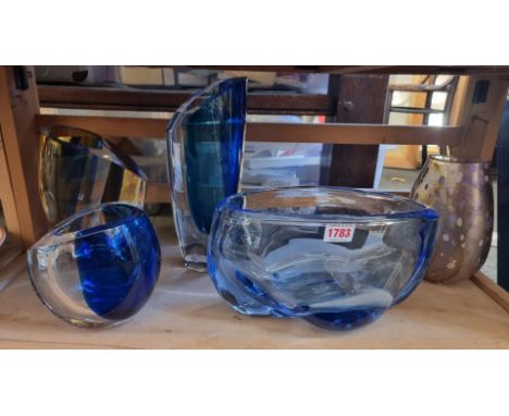 An interesting group of Continental coloured glass, to include three Kosta Boda examples, largest 28.5cm high, (shallow chip 
