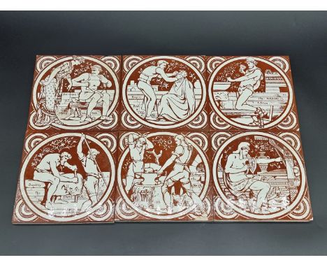 A rare set of six Aesthetic Mintons 'Trades' pottery tiles, circa 1875, by James Moyr Smith, 15cm square.