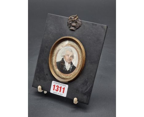 English School, 19th century, portrait miniature of a gentleman with a white cravat, on ivory, within a gilt banded plaited h