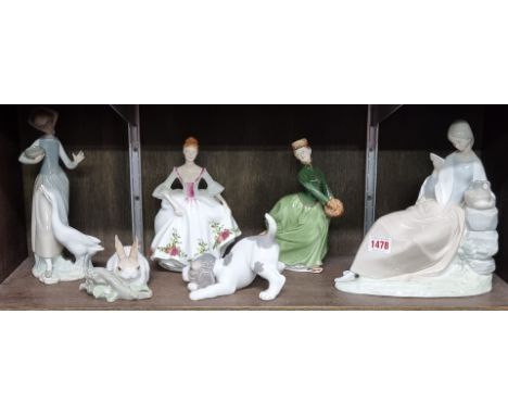 Three Lladro figures, largest 24.5cm high; together with two Royal Doulton figures, (one a second); and a Nao figure. (6)