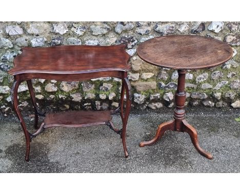 A George III oak circular tripod table, 60cm diameter, together with an Edwardian mahogany occasional table, 76cm wide. (2)