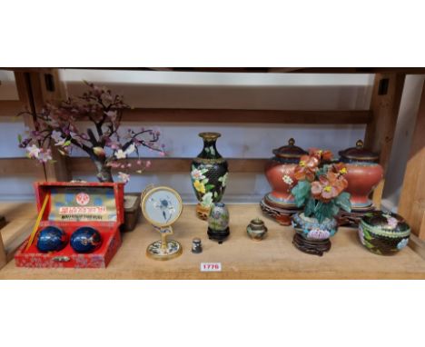A collection of Chinese cloisonne enamel; together with a tree table ornament. (11) 