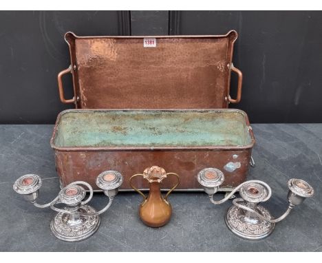 An Arts &amp; Crafts style hammered copper twin handled tray, 46.5cm wide; together with a brass firescreen; and other metalw