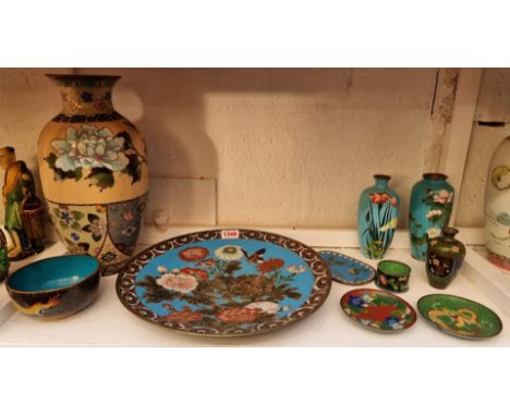 A collection of Japanese cloisonne enamel, largest 30cm high, (some damage). (10)