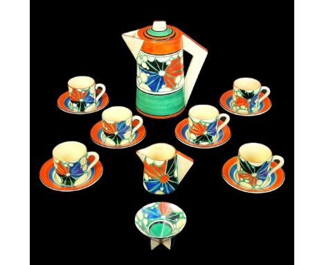 A rare Clarice Cliff 'Broth' coffee service, the pot and cover 18.5cm high.