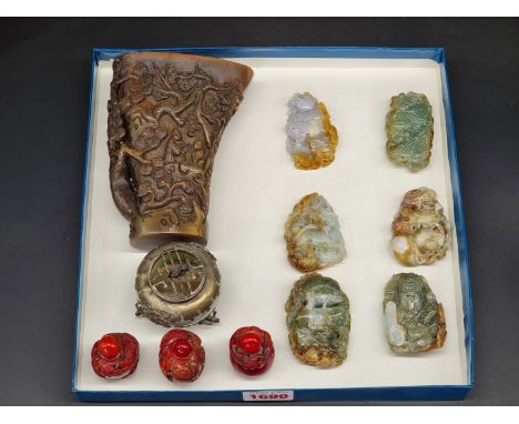 A mixed group of Chinese works of art, to include a carved horn libation cup, 12.5cm high; six carved jade pendants; three ha