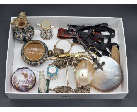 A mixed group of works of art and similar, to include an 18th century enamel box, 5.6cm diameter.