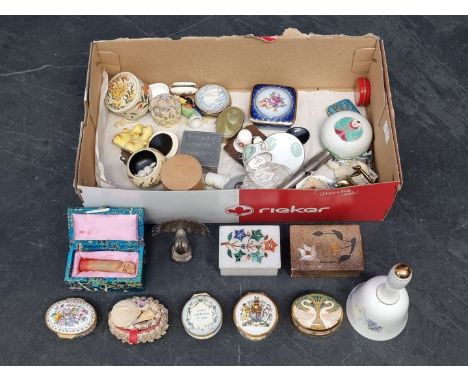 A mixed group of works of art and similar, to include Halcyon Days enamel boxes.
