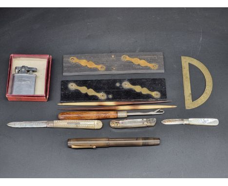 A vintage Conway Stewart No.226 fountain pen, with 14ct gold nib; together with two 19th century mother-of-pearl and silver b