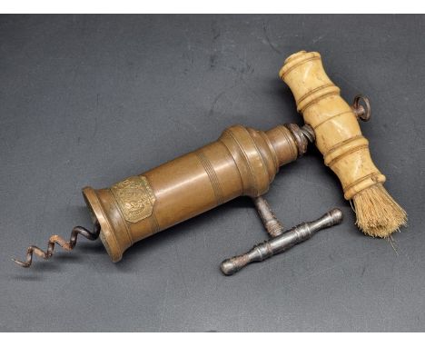 A Victorian Dowler patent King's pattern brass and bone corkscrew,&nbsp;with steel handled rack and pinion mechanism.