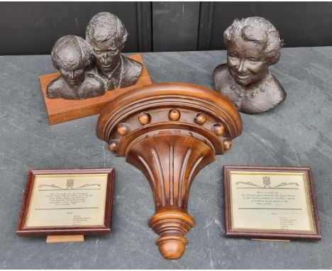 Two Heredities Limited bronzed Royal Commemorative busts, largest 19cm high, one with mahogany stand, the other with wall bra