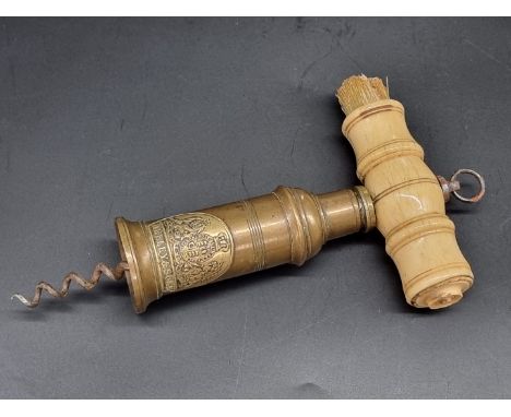 A Victorian Heeley &amp; Sons Thomason patent brass and bone barrel corkscrew, bearing Royal Standard.