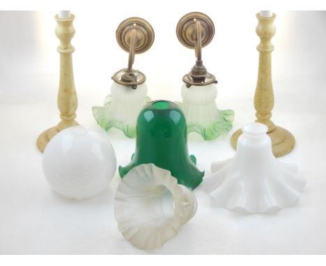 A French frosted glass baluster table lamp circa 1940, decorated with green gilt and grey panel decoration, H. 23cm, together