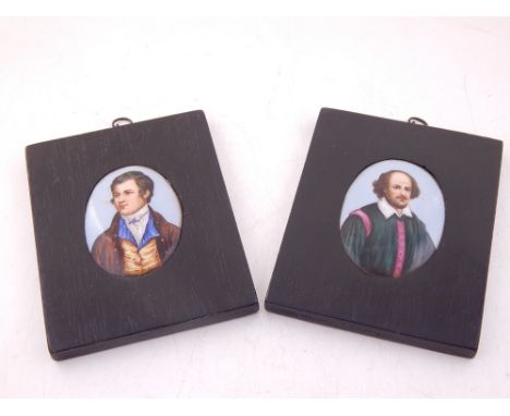 A pair of oval ceramic portrait miniatures, one depicting Shakespeare. H. 7cm