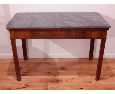 A George III mahogany marble topped console table, the grey marble top with cusped corners, above a plain frieze on square ch