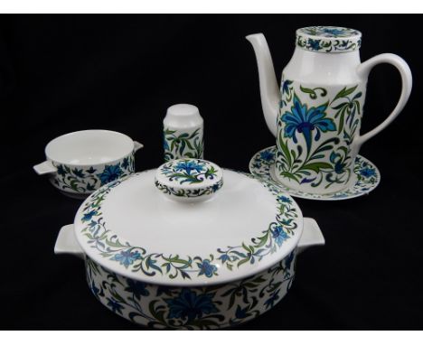 A Midwinter Spanish Garden Pattern table dinner service, eight place settings includes tea and coffee pots, serving dishes an