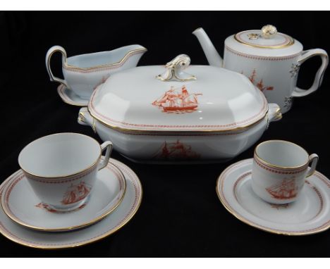 A Copeland Spode Trade Winds pattern 150 piece part dinner and coffee service decorated in the red / gold palette with variou