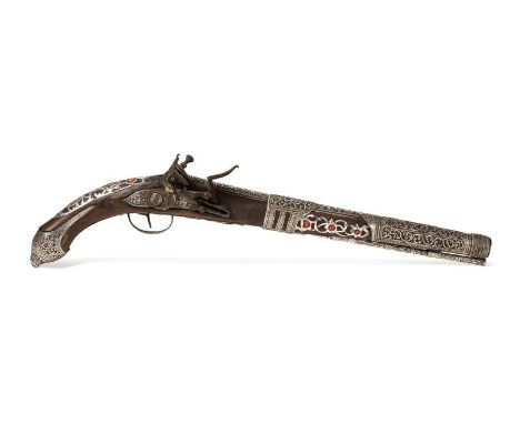 Pistolet à silex signé Ahmad b. ...Algérie, daté 1279 de l'Hégire (=1862)Les bois et la crosse sont incrustés de plaques d'ar