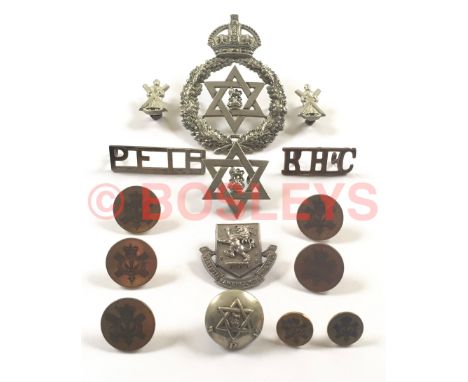 Trinidad Police Force helmet plate, Irish Regiment silvered collar and others. Crowned oak wreath, a six pointed star with Ro
