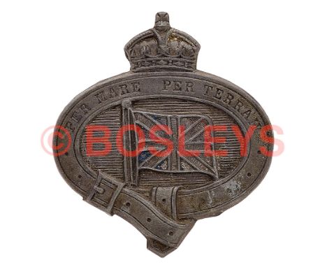 Royal Marines Light Infantry Groningen cap badge. A good extremely rare pressed 'pot metal' example. Crowned oval strap 'Per 