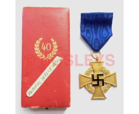 German Third Reich cased Faithful Service Decoration 1st Class. A fine gilt example with black enamel swastika on cornflower 