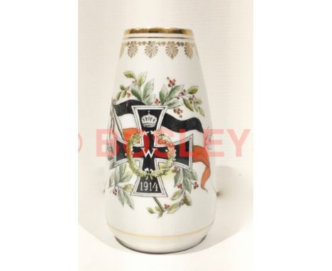 Imperial German Vase White ceramic vase with gilt decoration around the top bearing 1914 Iron Cross, German Flag and laurels.