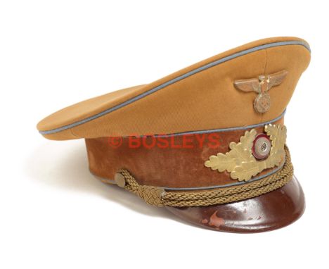 German Third Reich NSDAP Leader's peaked cap. A good example worn by an Ortsgruppenleiter of tan woollen cloth with light blu
