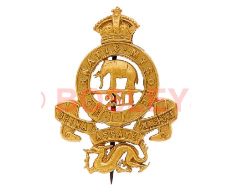 Indian Army. 2nd Madras Infantry Victorian head-dress badge. A good die-stamped British made example. Imperial crowned strap 