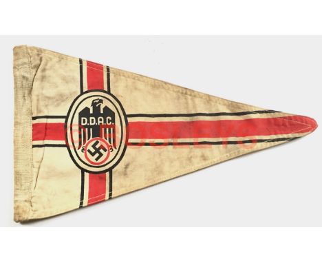 German Third Reich DDAC car pennant. A good triangular double sided example of white cotton printed with cross of National co