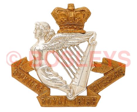 8th King's Royal Irish Hussars Victorian OR's bi-metal cap badge circa 1896-1901. A good die-stamped example. Crowned Maid of