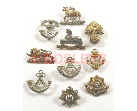 10 x Victorian / Edwardian Infantry cap badges on loops. Somerset LI ... Queens ... R. Fusiliers ... King's Own ... Lincoln .