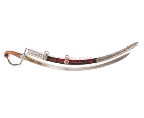 Napoleonic War Light Cavalry Officer's Mameluke Hilted Sword with Gilt Decorated Blade. The 31 1/2 inch blade with quarter le